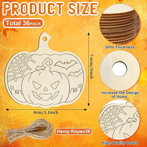 36PCS Wooden Pumpkins Ornaments to Paint Halloween Thanksgiving Decoration Cutouts Unfinished 3.5 inches, DIY Blank Unfinished Pumpkin Ornament for Home Harvest Crafts Hanging Autumn Decor（6Style）